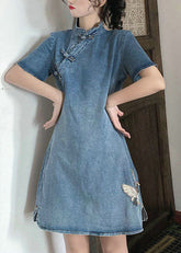 vintage Blue Stand Collar button Embroideried Denim Dresses Short Sleeve